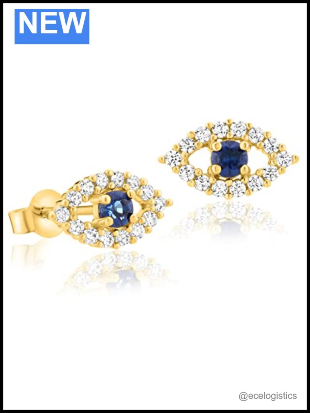 Solid 14k Yellow Gold Evil Eye Stud Earrings with Cubic Zirconia